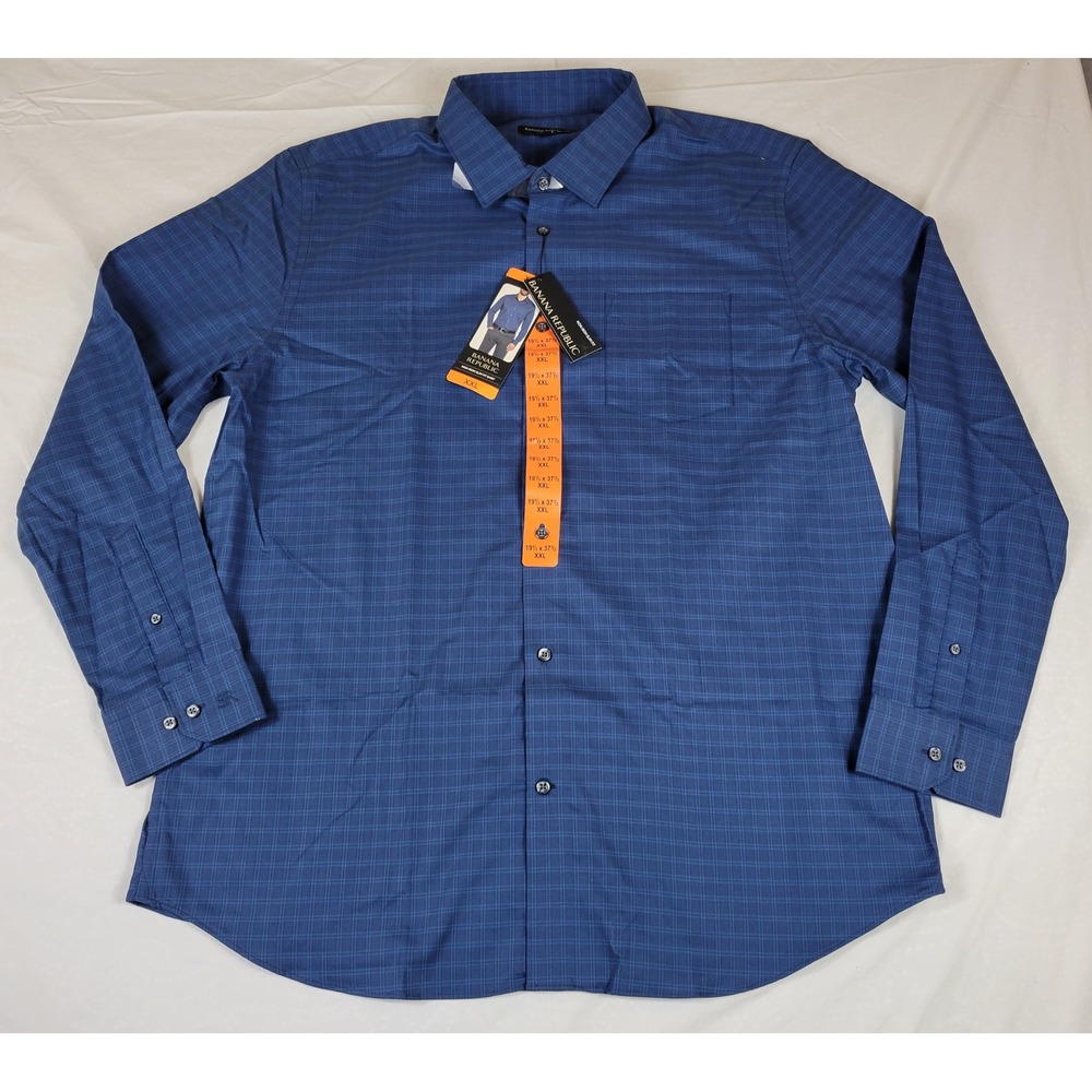 Banana Republic Mens XXL Non Iron Slim Fit Dress Shirt Dark Blue Check NWT